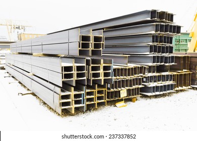 steel girders in outdoor warehouse in winter