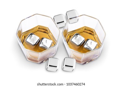 steel ice for whiskey in a glass on a white background