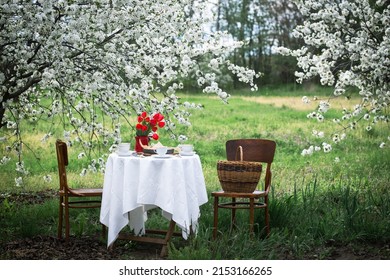 steel life - breakfast in the spring garden. table with white tablecloth served for tea drinking
