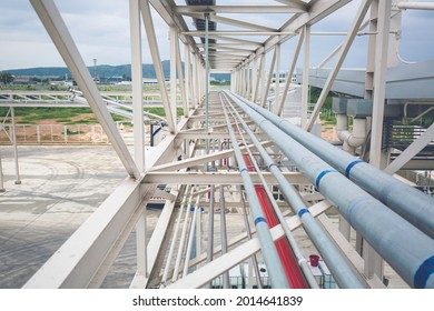 Steel Long Pipes Rack Work At High Factory During Refinery Petrochemistry Industry Chemical Methanol.