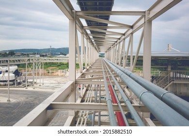 Steel Long Pipes Rack Work At High Factory During Refinery Petrochemical Industry Chemical Methanol.