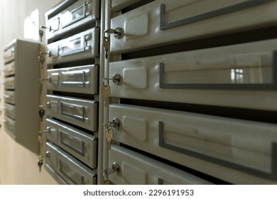 Steel Mailboxes in an apartment residential building. Mailboxes for letters and Newspapers.