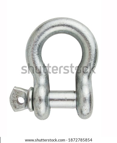 Steel metal rigging shackle isolated on white background. Professional rigging gear.