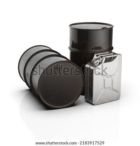 Steel Oil Barrel isolated and Fuel Can Jerrycan Tank for Transporting and Storing Petrol on White Background, Petroleum Chemical Drum for Fuel, Oil Industry, Power, Crude Oil Concept, Petrol Sign