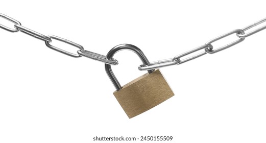 Steel padlock and chain isolated on white