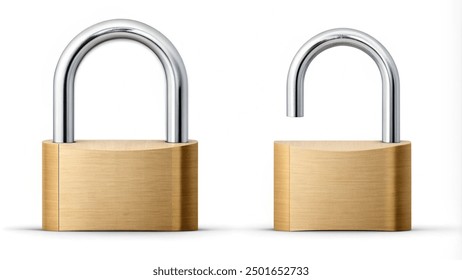 Steel padlock open and closed. Photography with clipping path in high resolution.