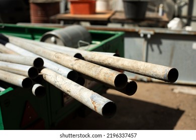 Steel Pipes Made Of Steel. Building Material In Trailer. Transportation Of Pipes In Car. Metal Product.