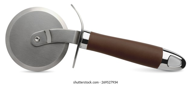 steel pizza cutter with brown handle Isolated on white background - Powered by Shutterstock