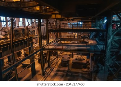 Steel Plant Interior, Old Rusty Stairs And Floors Of An Industrial Building