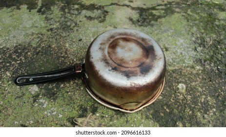 Steel Pot And Cooking Pan Top View. Empty Open Metal Saucepan With Plastic Handles. Stainless Casserole Dish Isolated On White Background. Kitchen Utensil, Iron Cookware