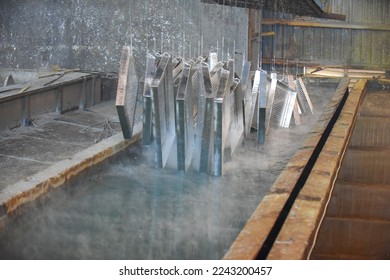 Steel products in the process of processing and galvanizing at the factory.
