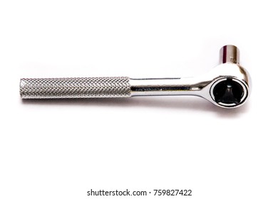 Steel ratchet wrench tool placed on white background