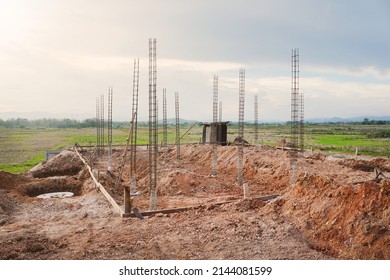 Steel Reinforcement Frame For Residential Building Columns For The Next Stage Of Work On The Construction Site.