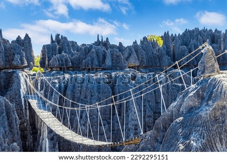 Steel rope bridge spanning gorge between limestone rock formations, Tsingy de Bemaraha National Park, Madagascar