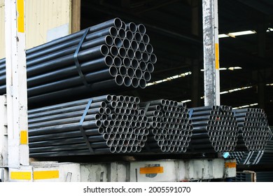 Steel Round Pipe Packaging On Truck For Logistics Process.	