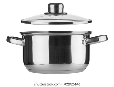 Steel Saucepan And Lid Closeup On White Background