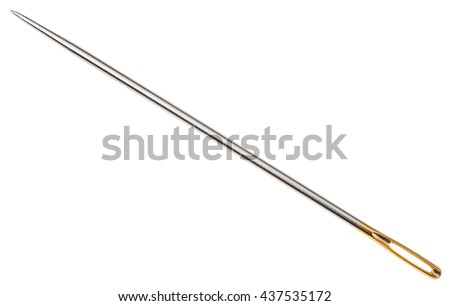 steel sewing needle with golden needle's eye isolated on white background
