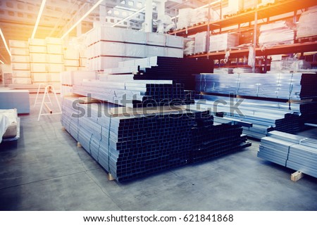 Steel, Shelf with structural materials on the shelves in the building warehouse. high contrast and monochrome color tone. 