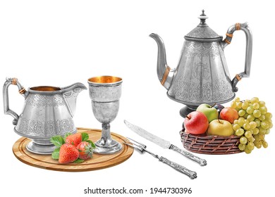 Steel silver Mug with spoon apple grapes strwbery kitchen set ceramic wall tiles kitchen set with fruits grapes and strawberry - Shutterstock ID 1944730396