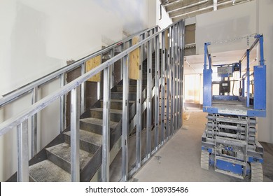 Steel Staircase Construction In Commercial Space With Metal Studs Support