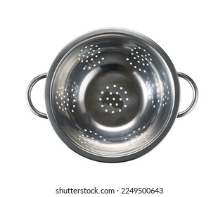 Steel strainer sieve metal bowl isolated on a white background. 
				Chrome strainer isolated . Stainless steel strainer isolated .