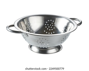 Steel strainer sieve metal bowl isolated on a white background. 
Chrome strainer isolated . Stainless steel strainer isolated . - Powered by Shutterstock