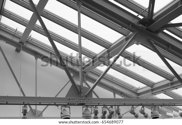 Steel Structural Support Beams Holding Skylight Stock Photo