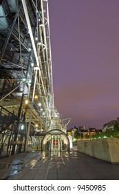 The steel structure of the Centre Pompidu at night