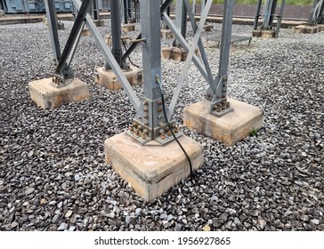 Steel structure with grounding cable of 115kV electrical equipment in switchyard of substation. 