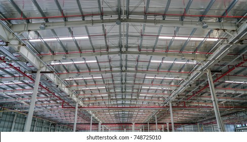 Steel Structure Roof Truss With Fire Sprinkler Piping System Under The Construction Building In The Factory