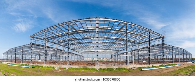 Steel Structure Workshop Panoramic View, Factory Buildings In Construction