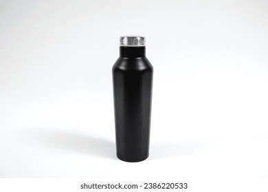 steel thermo water bottle, black matte of color, isolated on white background. 