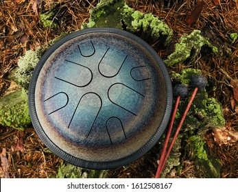 Steel Tongue Drum With Sticks In The Forest