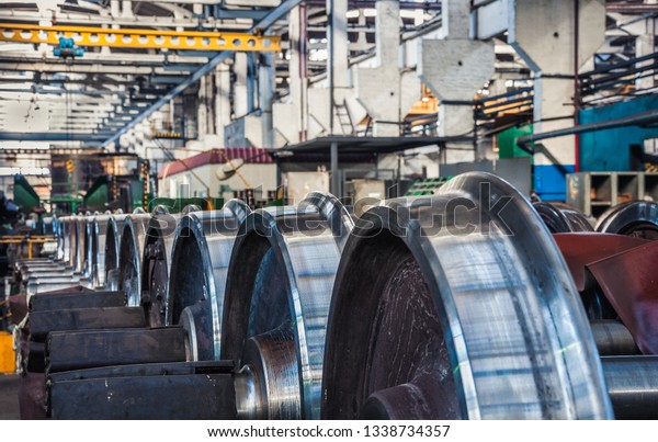 Steel train wheels\
production at warehouse
