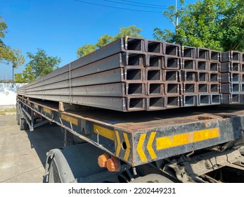 Steel Transport Cart Shelves With Structural Materials On Shelves In Warehouse Buildings. It Has High Contrast And Black And White Tones. Concept Transportation Company And Large Industrial Warehouse