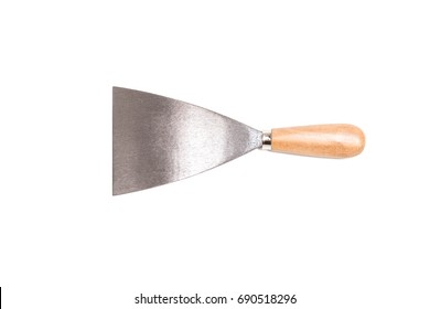 Steel Trowel Scraper Or Spatula Wooden Handle Isolated On White Background