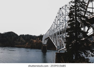 A steel truss bridge spanning a calm river, framed by lush trees and forested hills. The bridge contrasts with the natural scenery, creating a balance between human engineering and nature's beauty. - Powered by Shutterstock