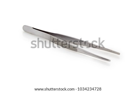 Steel tweezers with knurled levers and serrated tips on a white background
