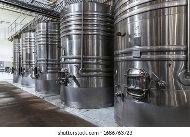 Steel Wine Tanks For Wine Fermentation At A Winery