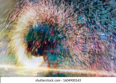 Steel Wool Fire Spinner At Pyrotechnic Show