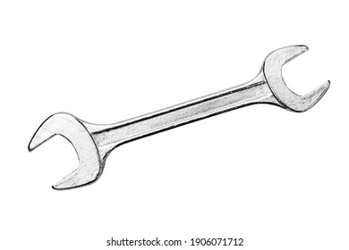 Steel wrench spanner isolated on a white background in close-up.