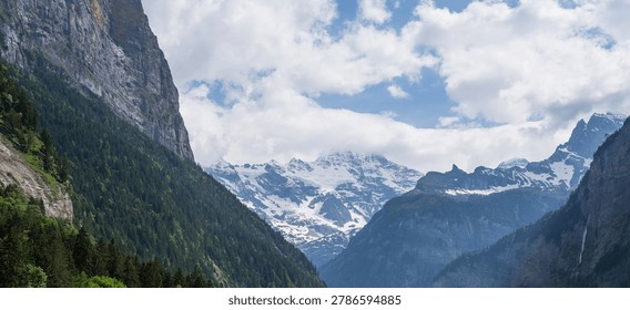 Steep alpine cliffs rise dramatically above a lush green valley, framing distant snow-covered peaks beneath drifting clouds capturing the untouched beauty of the Swiss Alps.