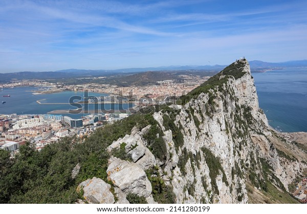 The steep cliff on the east side\
of the Rock of Gibraltar, looking out over the\
Mediterranean