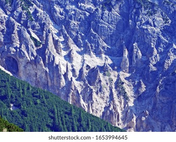 Steep cliffs and sharp rocks on the Gamsgrat alpine mountain - Malbun, Liechtenstein