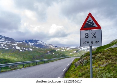 Steep Hill Warning Sign At The Oscarshaug Viewpoint Along National Scenic Route R55 Through Sognefjellet Area.