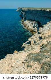 Steep karst limestone shores and rocks in the Dzhangul tract, western Crimea, Tarkhankut - Shutterstock ID 2279571979
