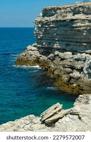 Steep karst limestone shores and rocks in the Dzhangul tract, western Crimea, Tarkhankut - Shutterstock ID 2279572007