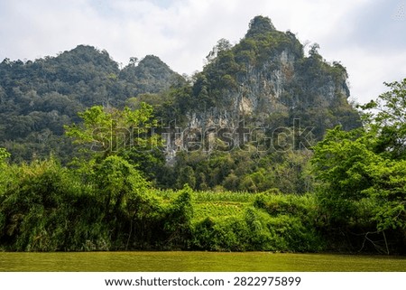Steep limestone rock formations covered in lush green vegetation rise above a calm river in Ba Be Commune, Vietnam. Ba Be Commune, Vietnam