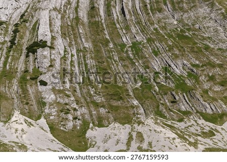 Steep mountain slope featuring visible rock stratigraphy, with green grass growing in crevices and on ledges, illustrating natural erosion