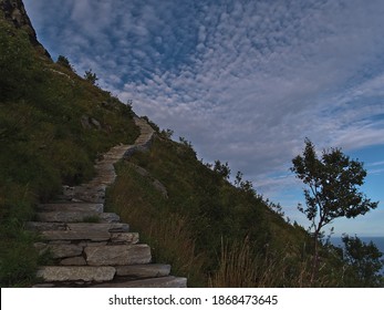 Steep rock stairs built by Nepali Sherpas leading to top of Reinebringen peak on Moskenesøya island, Lofoten, Norway on precipitous slope with green vegetation and fleecy clouds in the sky. 